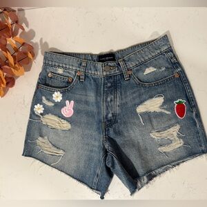 90s midi short Denim Distressed Shorts with Embroidered Patches